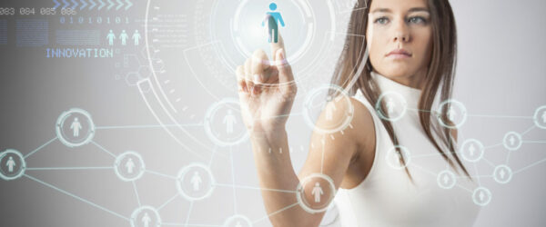 Woman touching the virtual future interface
