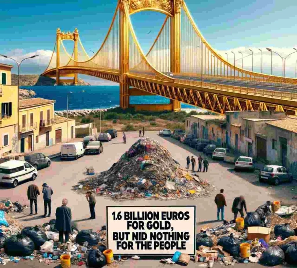DALL·E-2023-12-14-15.57.56-A-meme-for-an-article-about-the-misallocation-of-funds-for-a-bridge-in-Southern-Italy-with-a-specific-scenario.-The-image-shows-a-large-extravagant