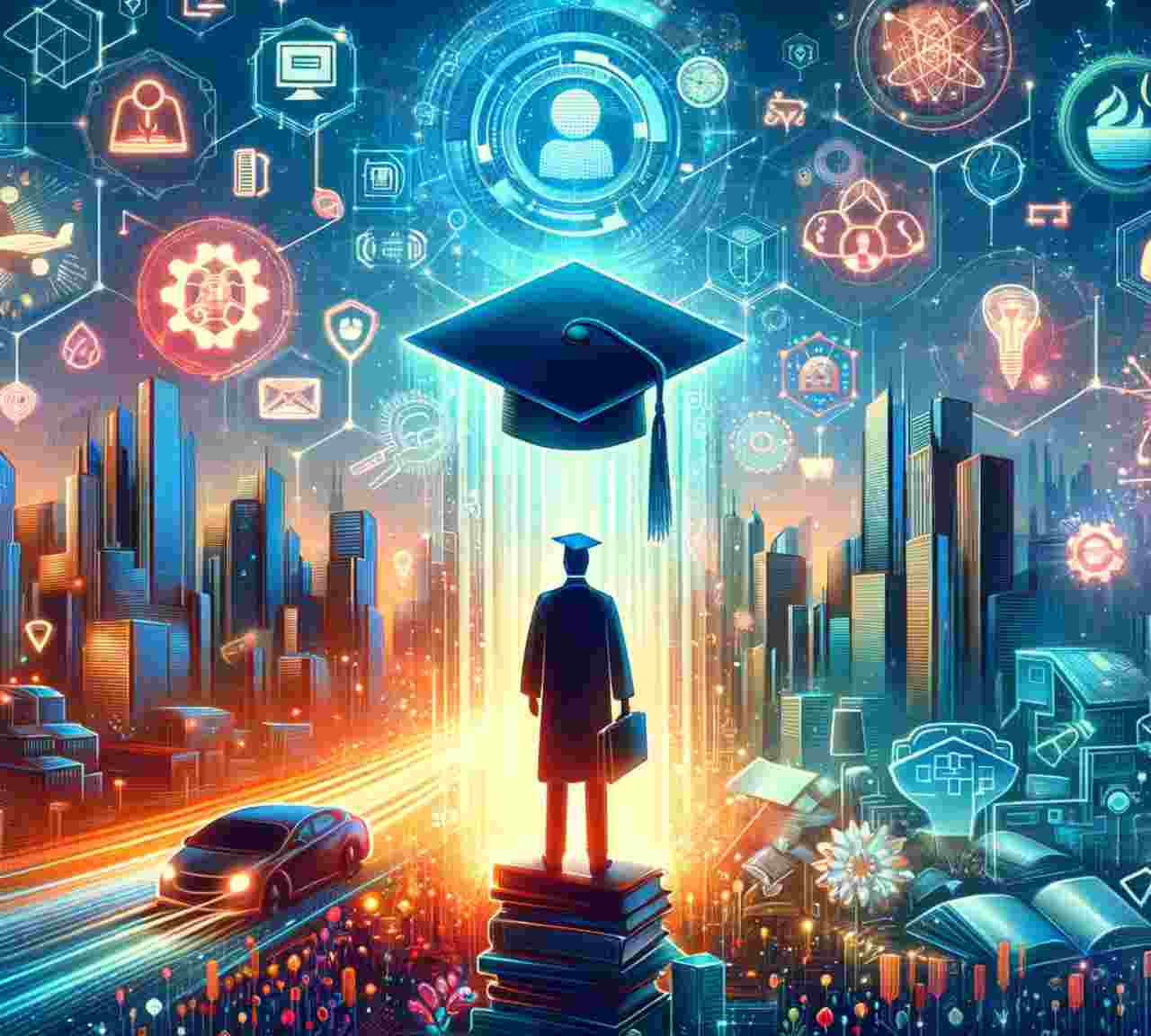 DALL·E 2024-01-08 19.03.59 - An artistic representation of the concept 'The Most In-Demand Degrees in the 2024 Job Market_ A Guide'. The image should convey a sense of future and