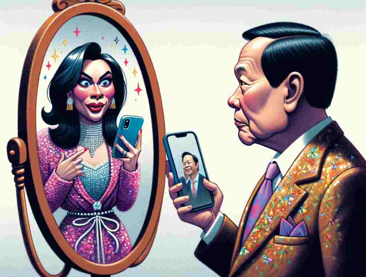 DALL·E-2024-01-08-20.53.33-A-humorous-caricature-showing-a-politician-looking-into-a-mirror.-In-the-mirrors-reflection-instead-of-seeing-themselves-they-see-an-exaggerated-im