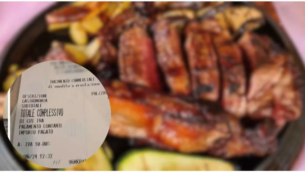 Una signora dopo un pranzo a ristorante in Sicilia, mostra lo scontrino e i piatti consumati durante...