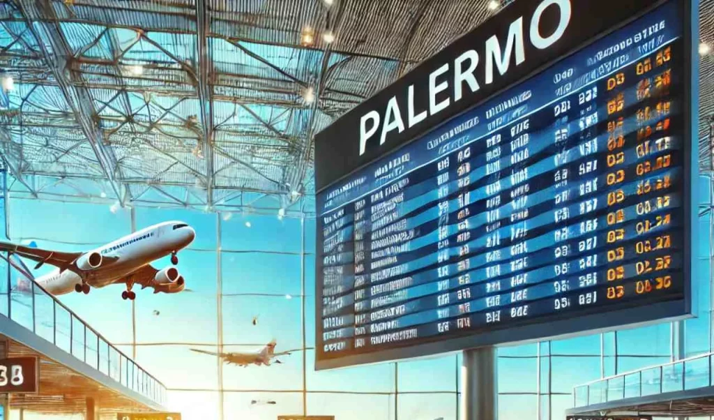 DALL·E 2025-03-12 10.49.41 - A vibrant and modern airport scene featuring a large departure board displaying flights to various international destinations from Palermo. The image