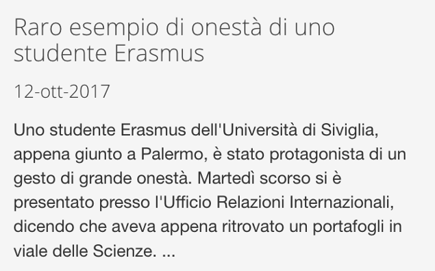 Unipa parla di "raro esempio di onestà di uno studente Erasmus", poi rimuove la news